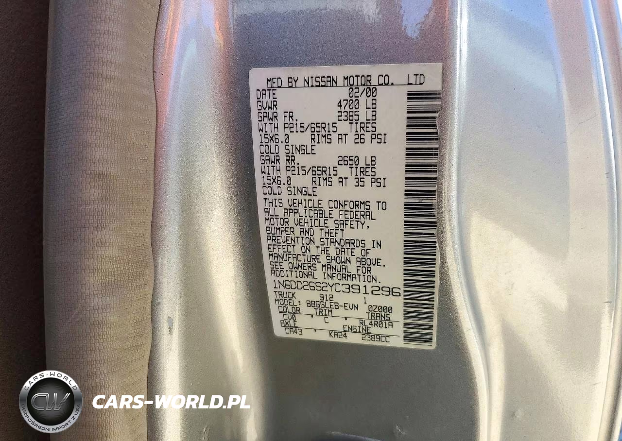 2000 Nissan Frontier Xe VIN:1N6DD26S2YC391296 - 12