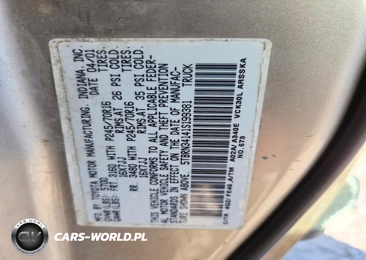 2001 Toyota Tundra Sr5 VIN:5TBRN34141S199381 - 12