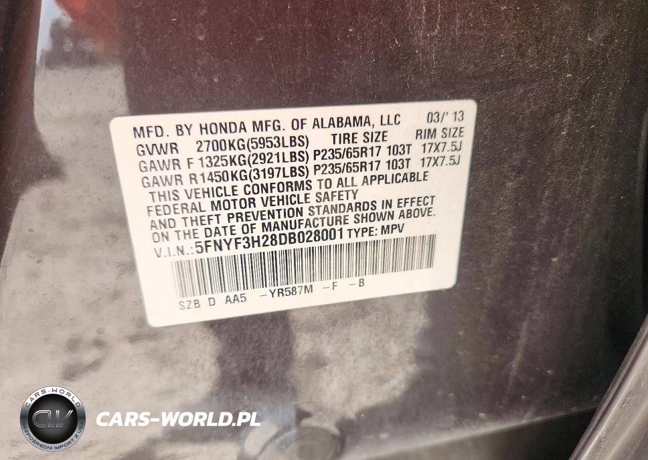 2013 Honda Pilot Lx VIN:5FNYF3H28DB028001 - 14