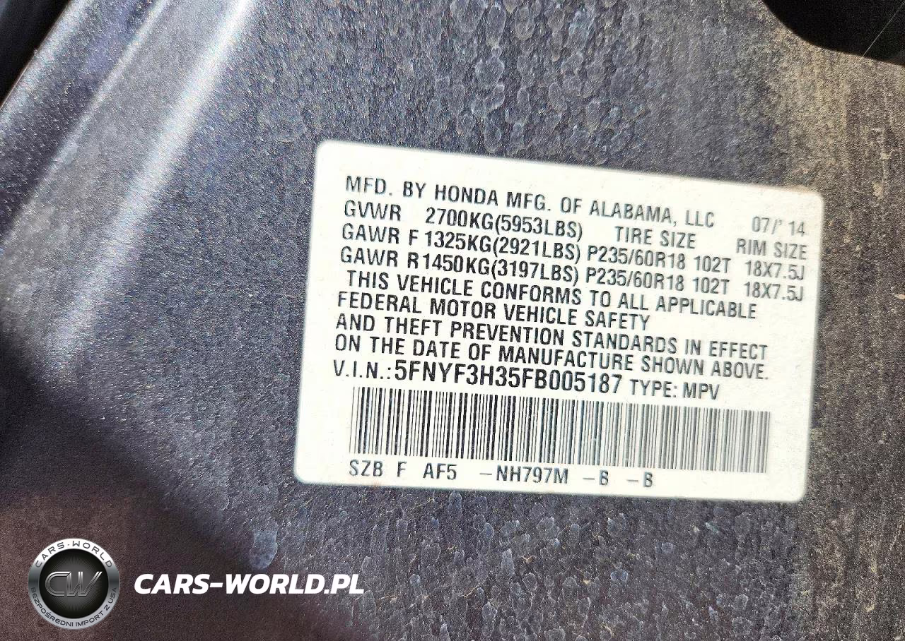 2015 Honda Pilot Se VIN:5FNYF3H35FB005187 - 14