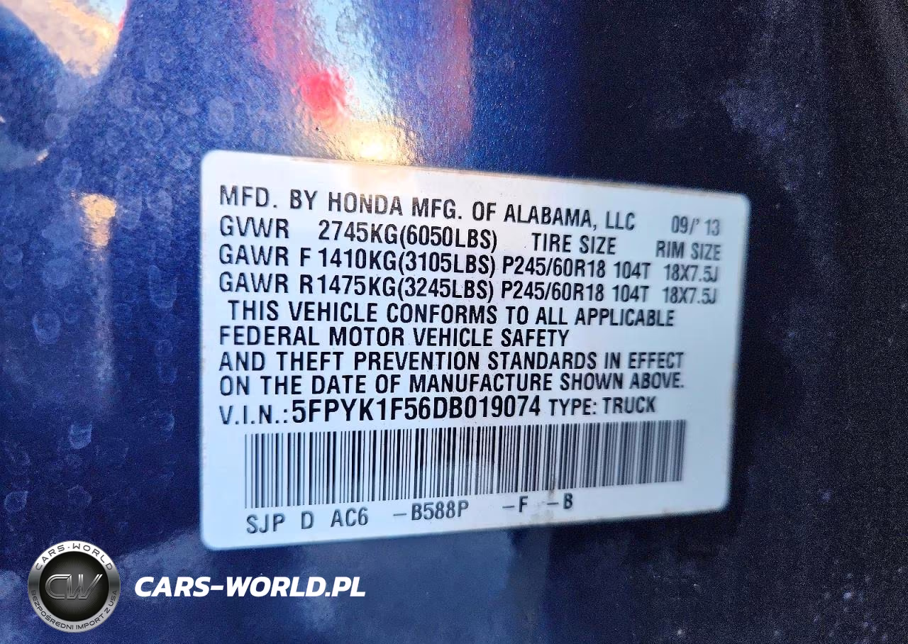 2013 Honda Ridgeline Rtl VIN:5FPYK1F56DB019074 - 12
