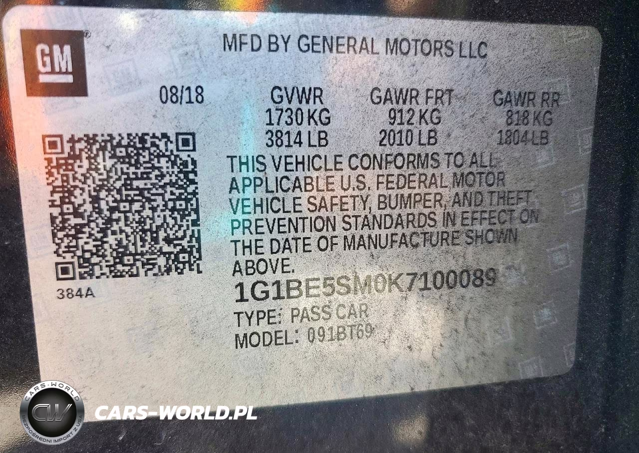 2019 Chevrolet Cruze Lt VIN:1G1BE5SM0K7100089 - 12