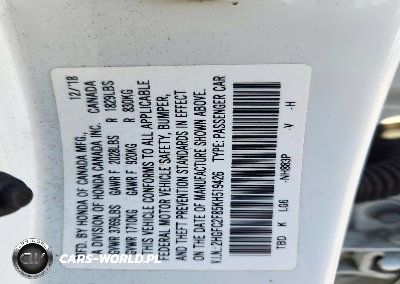 HONDA CIVIC VIN:2HGFC2F85KH519426 - 12