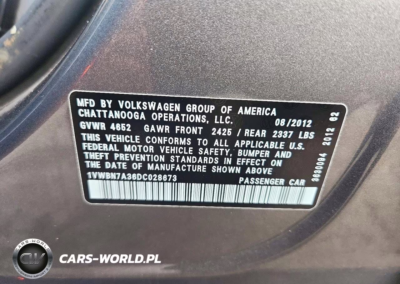 2013 Volkswagen Passat Se VIN:1VWBN7A36DC028673 - 12