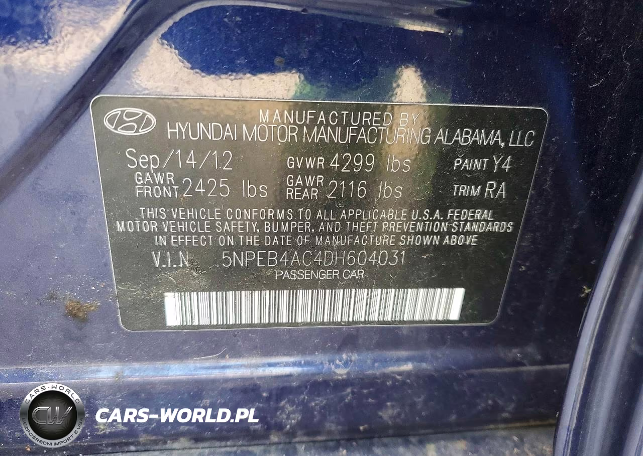 2013 Hyundai Sonata Gls VIN:5NPEB4AC4DH604031 - 12