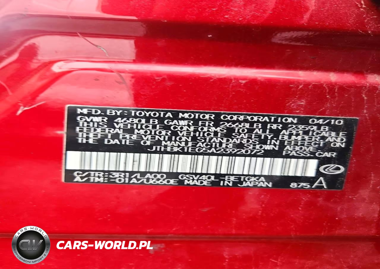 2010 Lexus Es 350 VIN:JTHBK1EG5A2392072 - 13