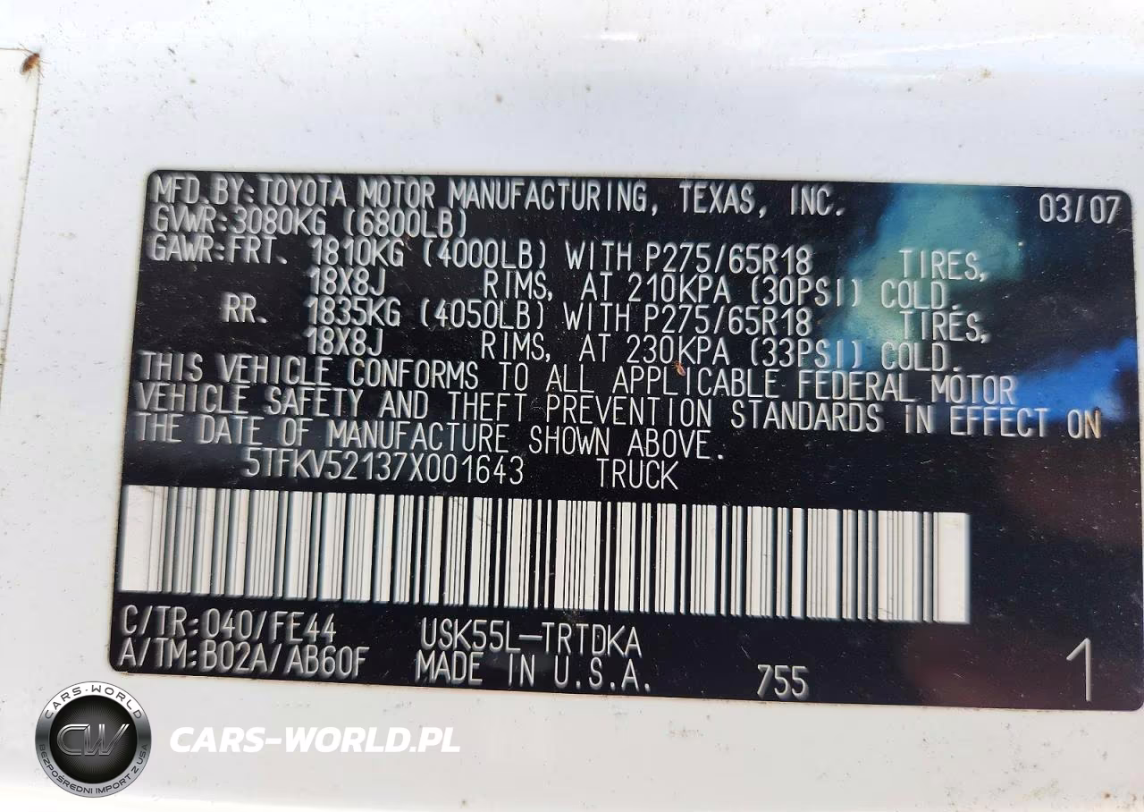 2007 Toyota Tundra Base VIN:5TFKV52137X001643 - 13