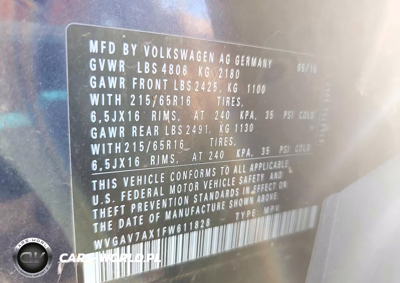 2015 Volkswagen Tiguan S VIN:WVGAV7AX1FW611828 - 13