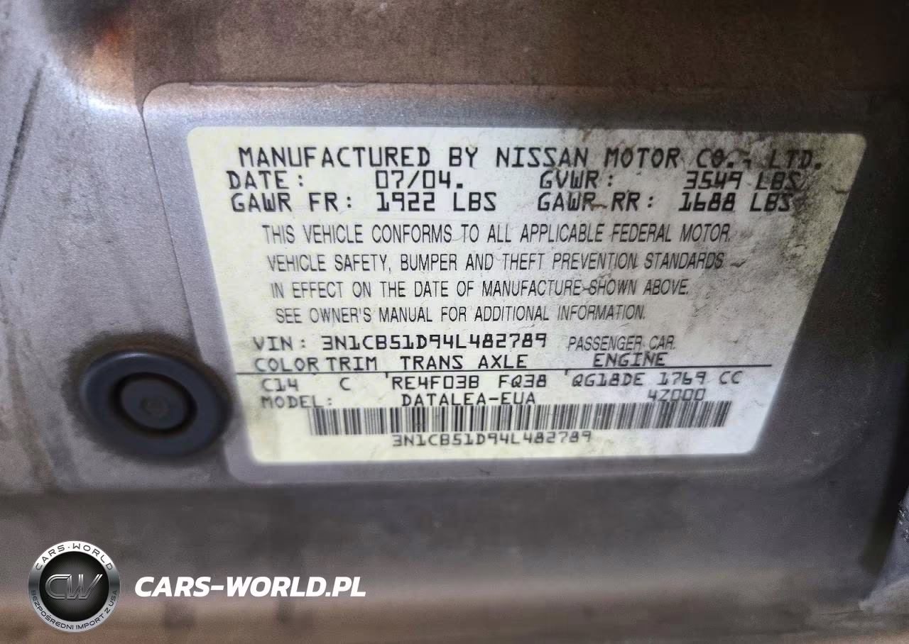 2004 Nissan Sentra 1.8-1.8S VIN:3N1CB51D94L482789 - 12