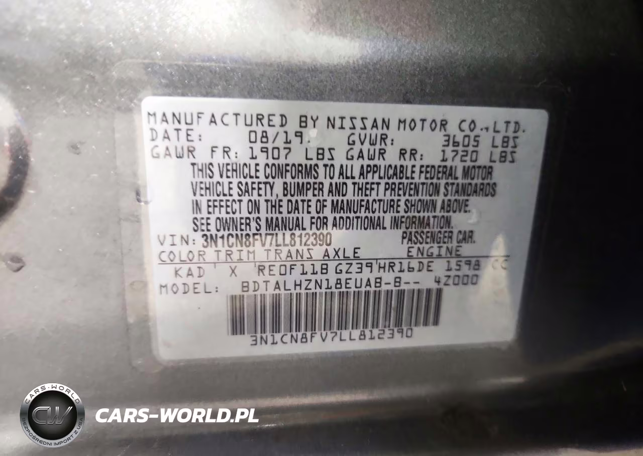 2020 Nissan Versa Sr VIN:3N1CN8FV7LL812390 - 12