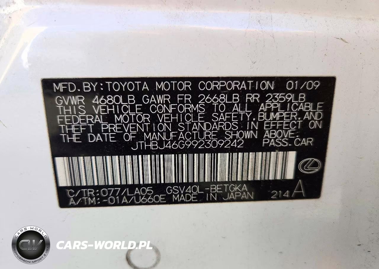2009 Lexus Es 350 VIN:JTHBJ46G992309242 - 12