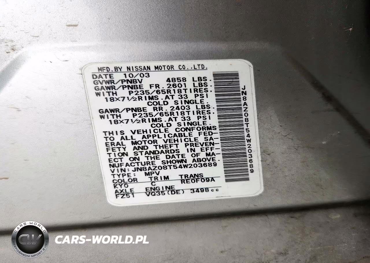 2004 Nissan Murano Sl VIN:JN8AZ08T54W203689 - 13
