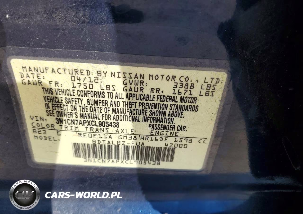 2012 Nissan Versa 1.6 S VIN:3N1CN7APXCL905438 - 12