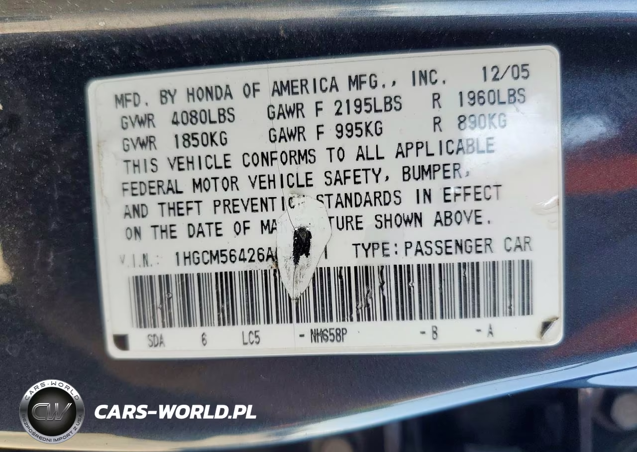 2006 Honda Accord Lx VIN:1HGCM56426A055031 - 12