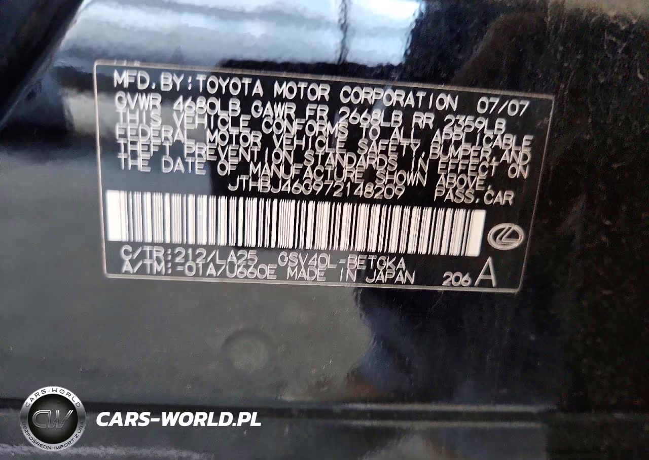 2007 Lexus Es 350 VIN:JTHBJ46G972148209 - 12