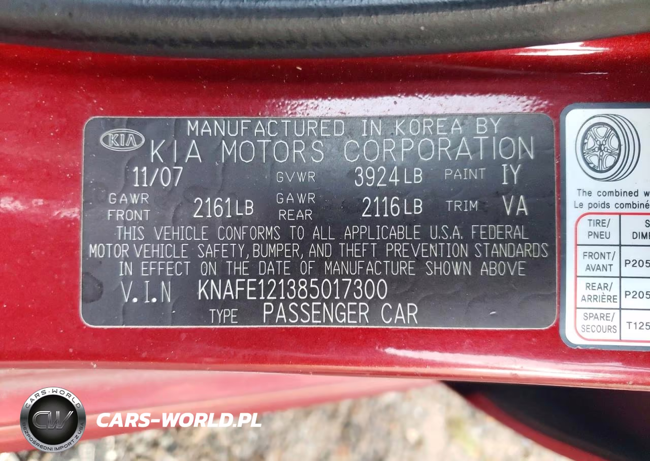 2008 Kia Spectra VIN:KNAFE121385017300 - 12