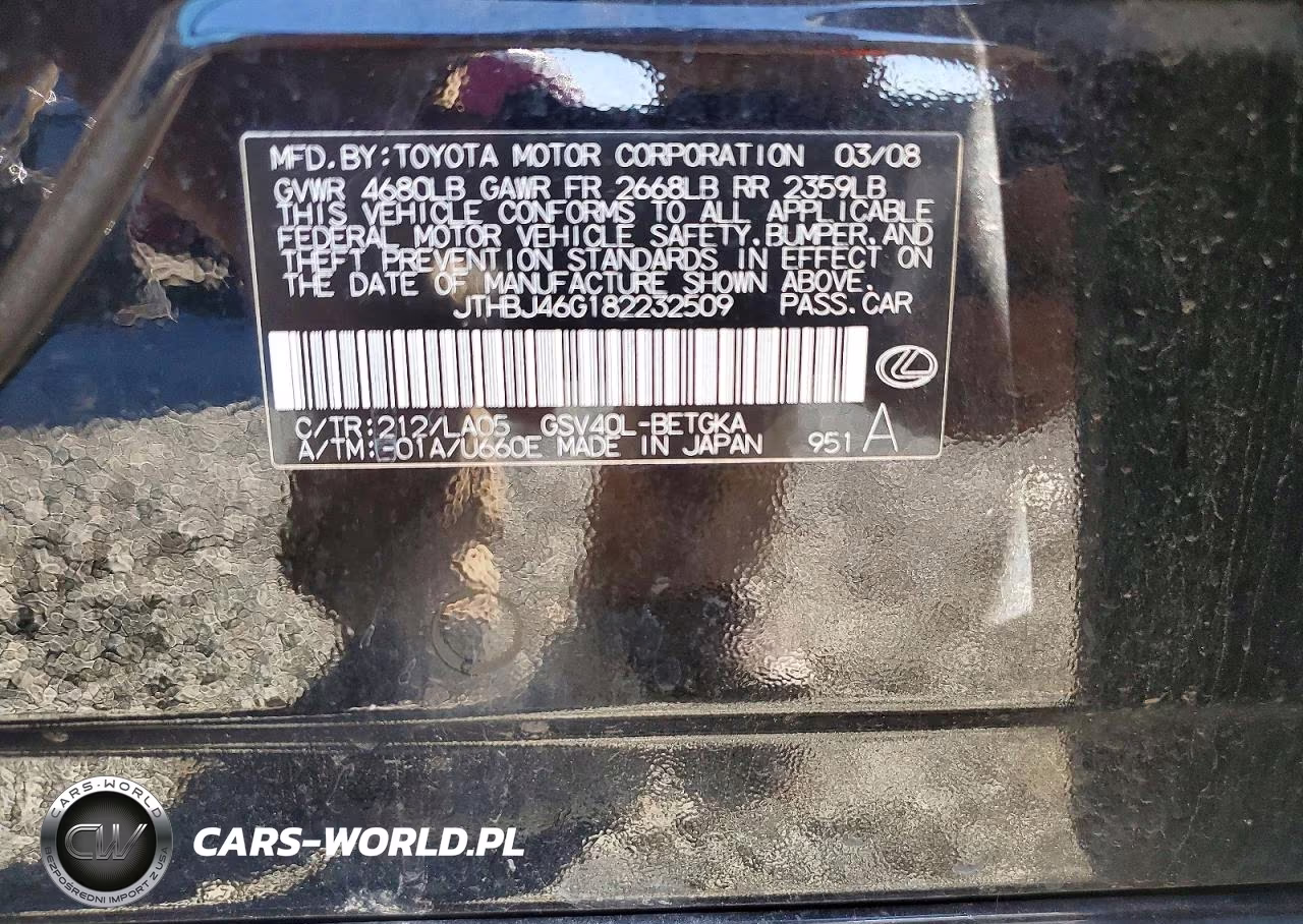2008 Lexus Es 350 VIN:JTHBJ46G182232509 - 12