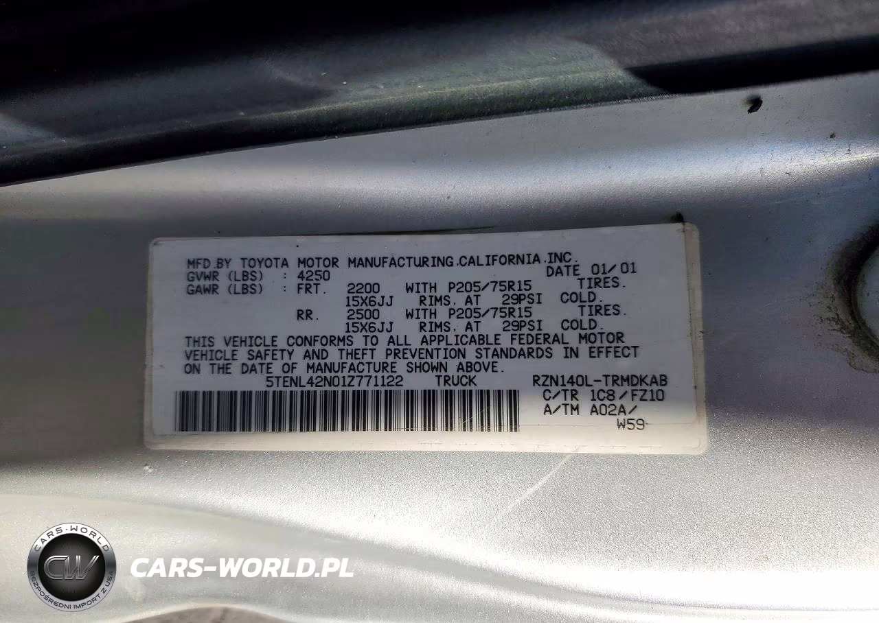 2001 Toyota Tacoma Base VIN:5TENL42N01Z771122 - 12