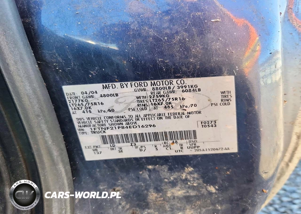 2004 Ford F250 Super Duty VIN:1FTNF21P84ED16296 - 12