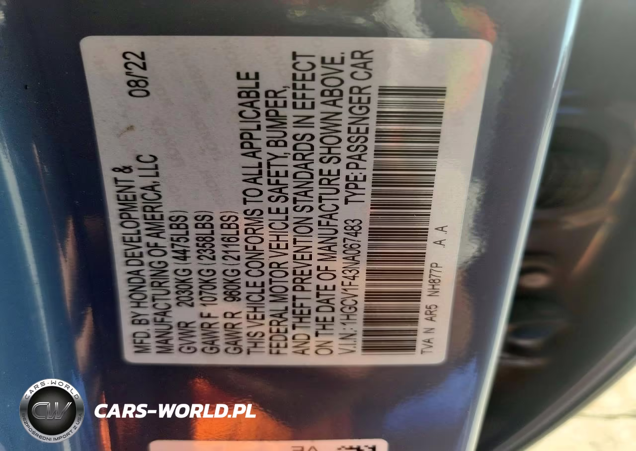 2022 Honda Accord Sport Se VIN:1HGCV1F43NA067483 - 12