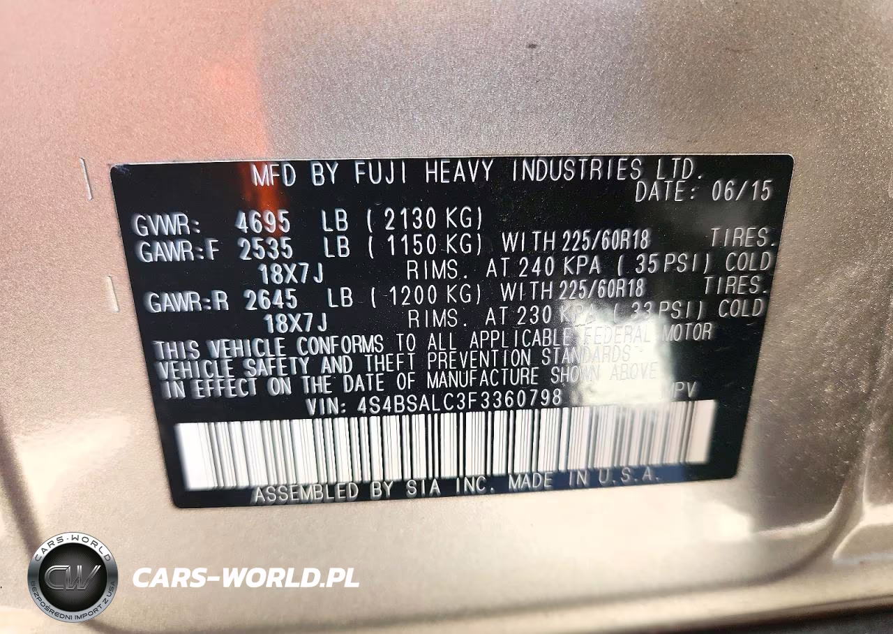 2015 Subaru Outback 2.5I Limited VIN:4S4BSALC3F3360798 - 12