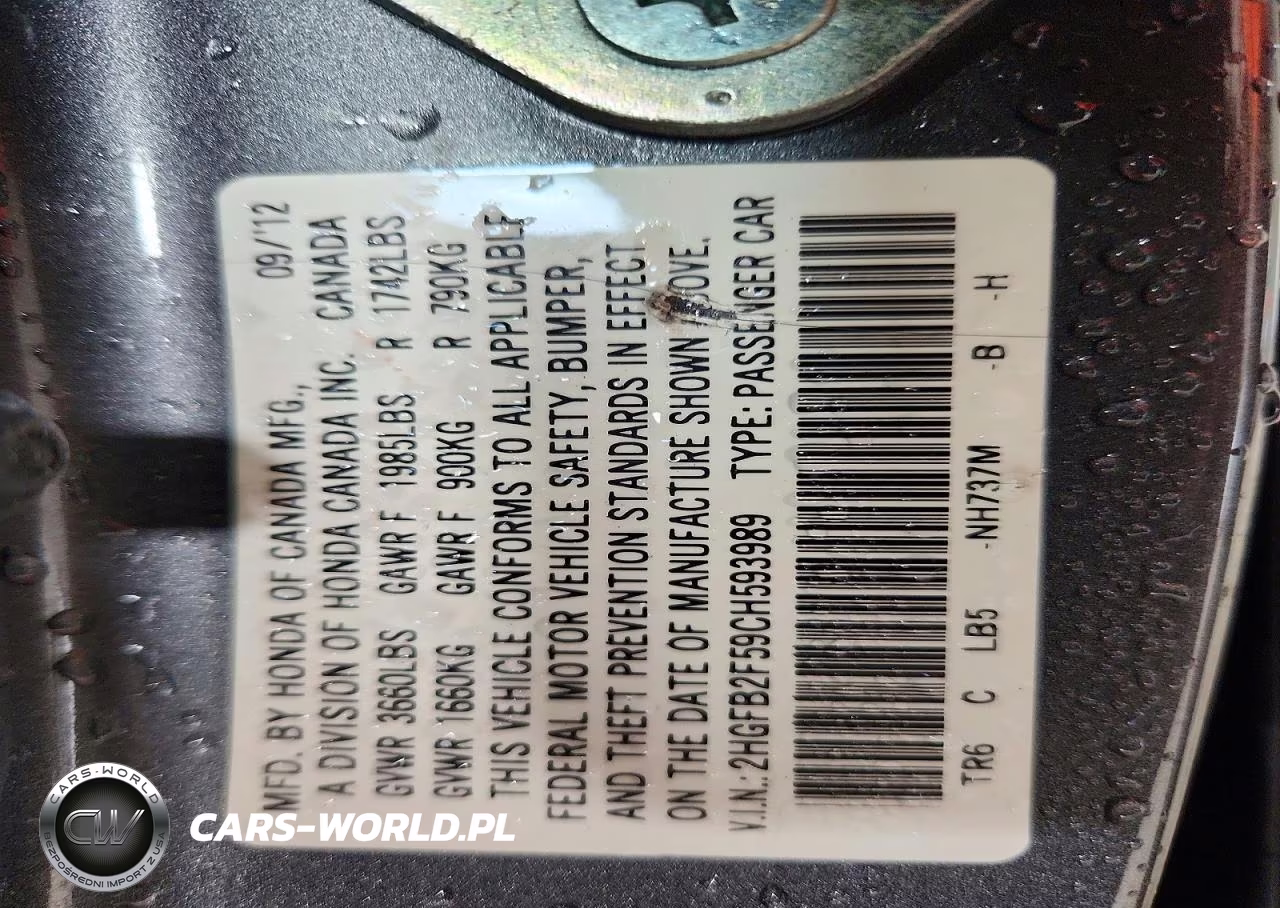 2012 Honda Civic Lx VIN:2HGFB2F59CH593989 - 12