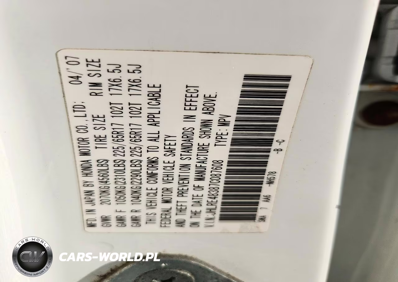 2007 Honda Cr-V Lx VIN:JHLRE48387C087608 - 12
