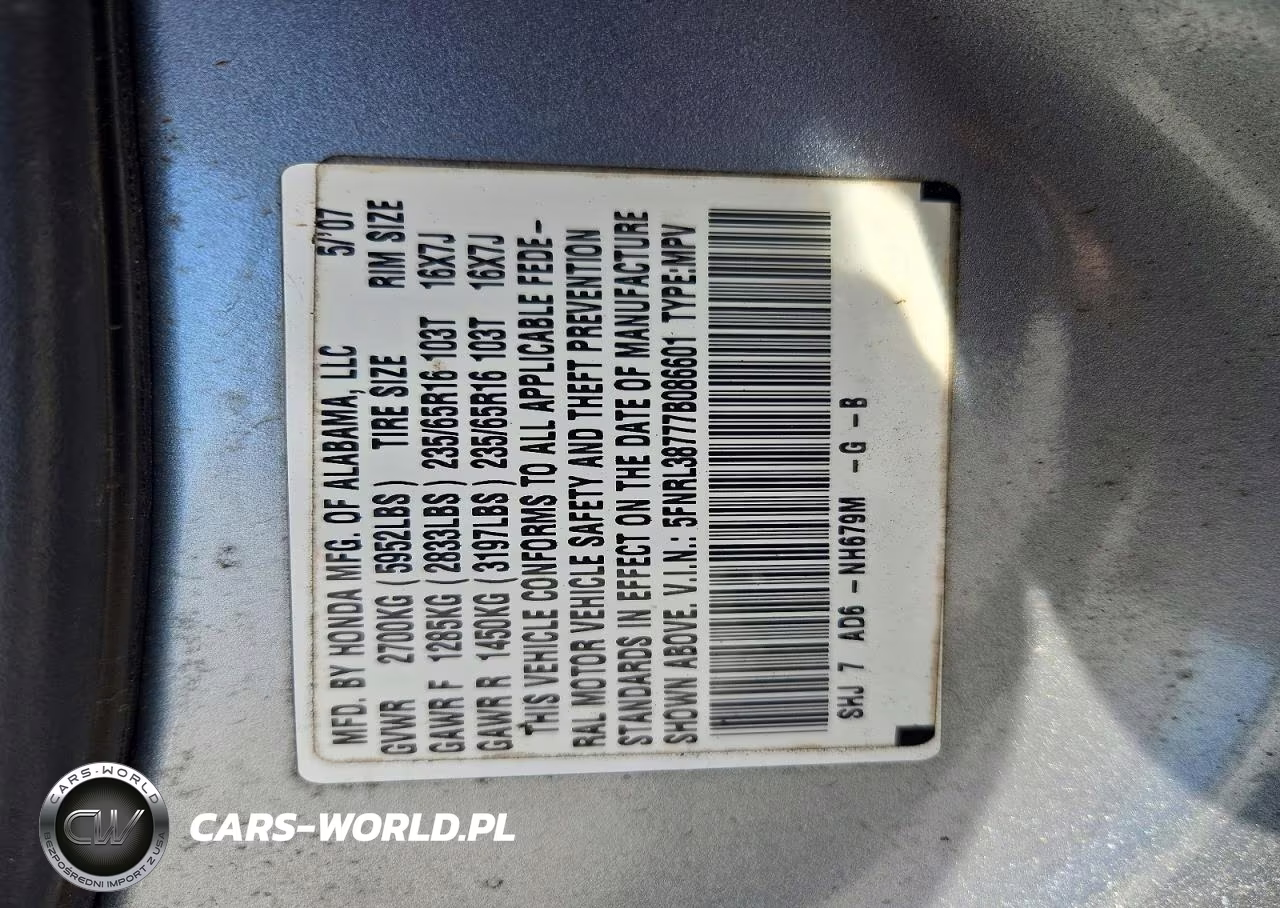 2007 Honda Odyssey Exl VIN:5FNRL38777B086601 - 13