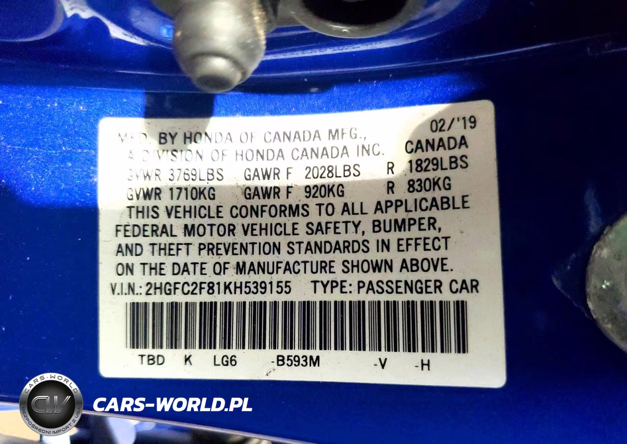 2019 Honda Civic Sport VIN:2HGFC2F81KH539155 - 12