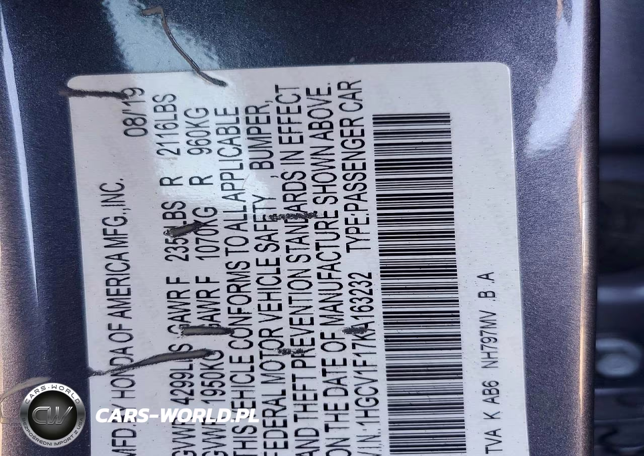 2019 Honda Accord Lx VIN:1HGCV1F17KA163232 - 12