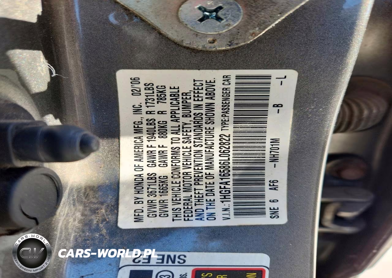 2006 Honda Civic Lx VIN:1HGFA16586L062822 - 12