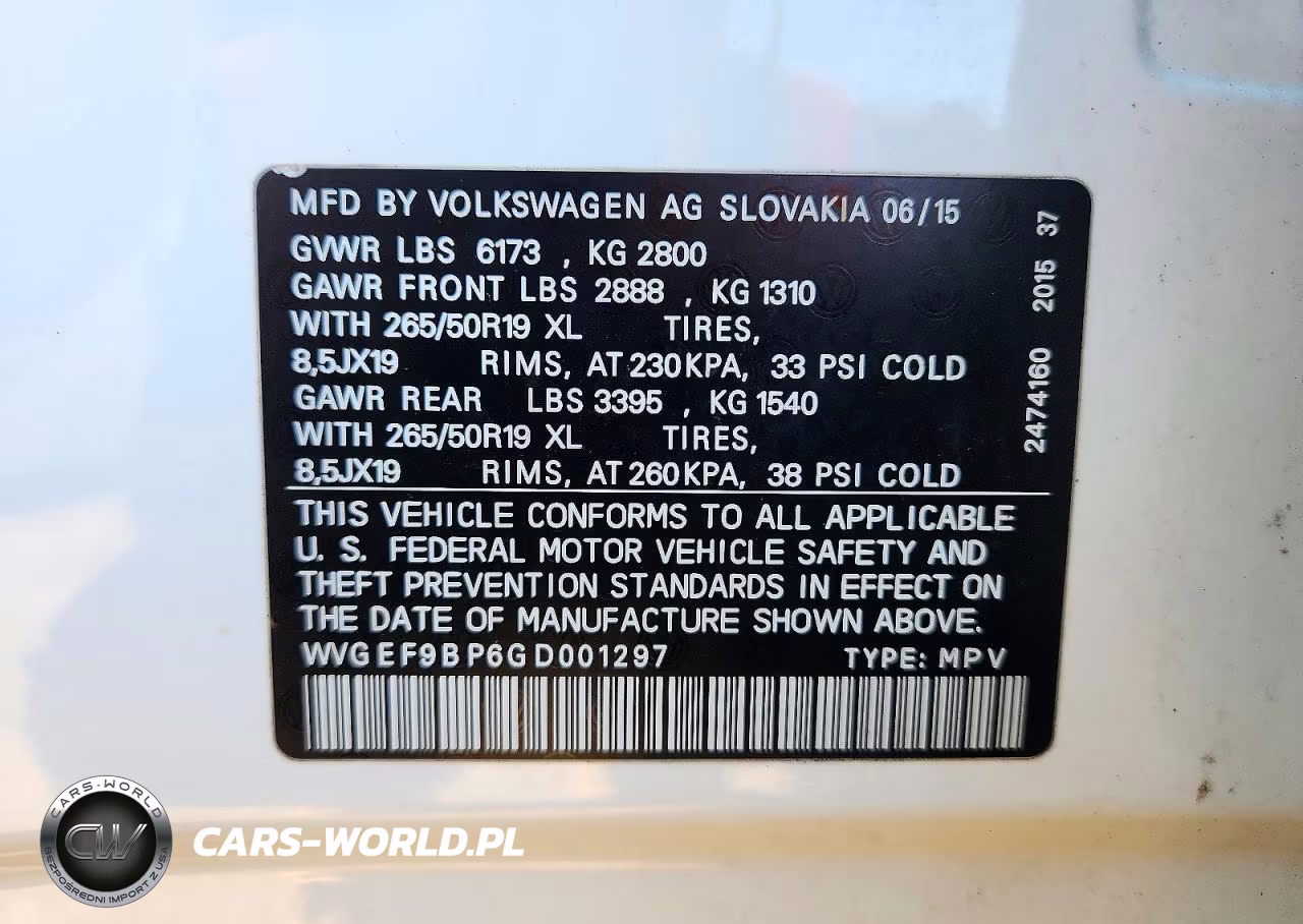 2016 Volkswagen Touareg Sport VIN:WVGEF9BP6GD001297 - 13
