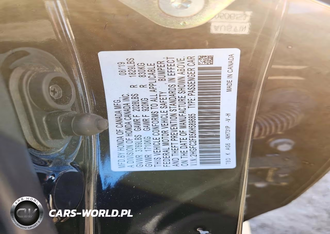 2019 Honda Civic Sport VIN:2HGFC2F85KH589685 - 12