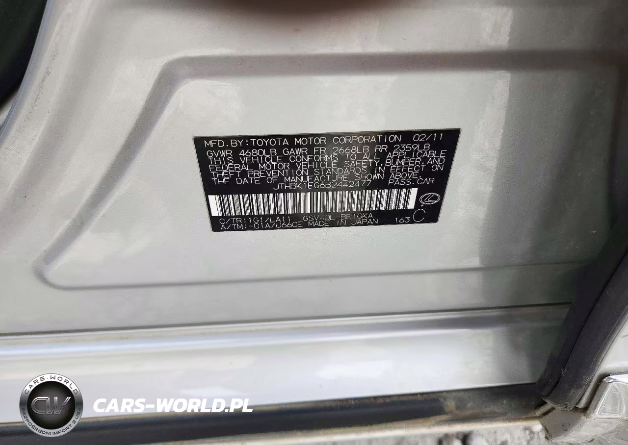 2011 Lexus Es 350 VIN:JTHBK1EG6B2442477 - 12