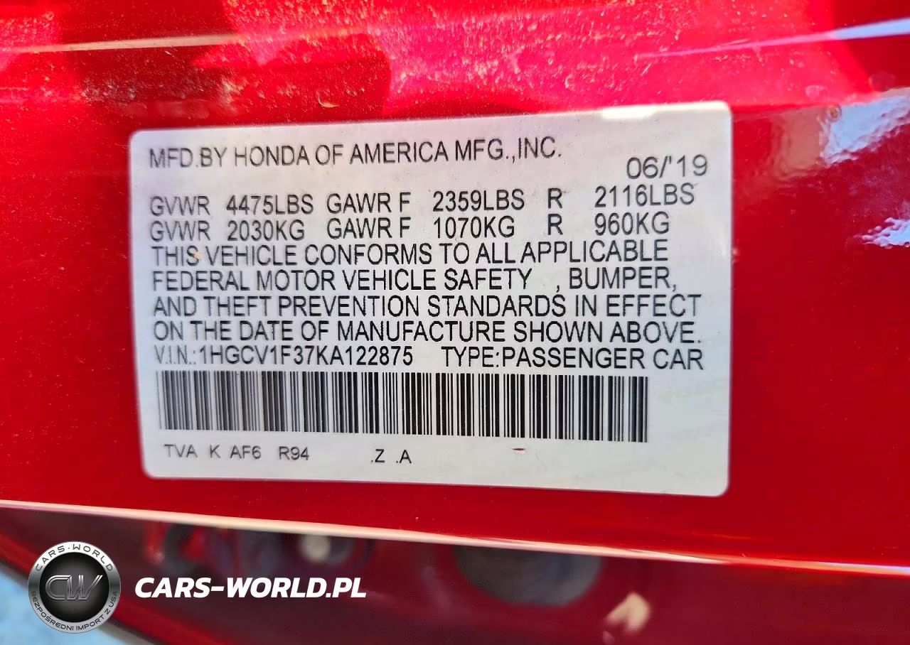 2019 Honda Accord Sport VIN:1HGCV1F37KA122875 - 12