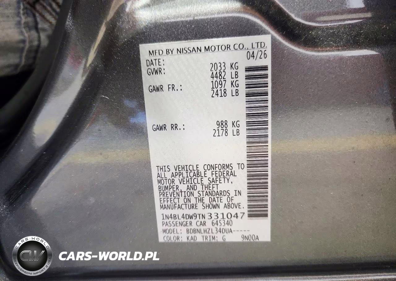 2026 Nissan Altima Sv VIN:1N4BL4DW9TN331047 - 12