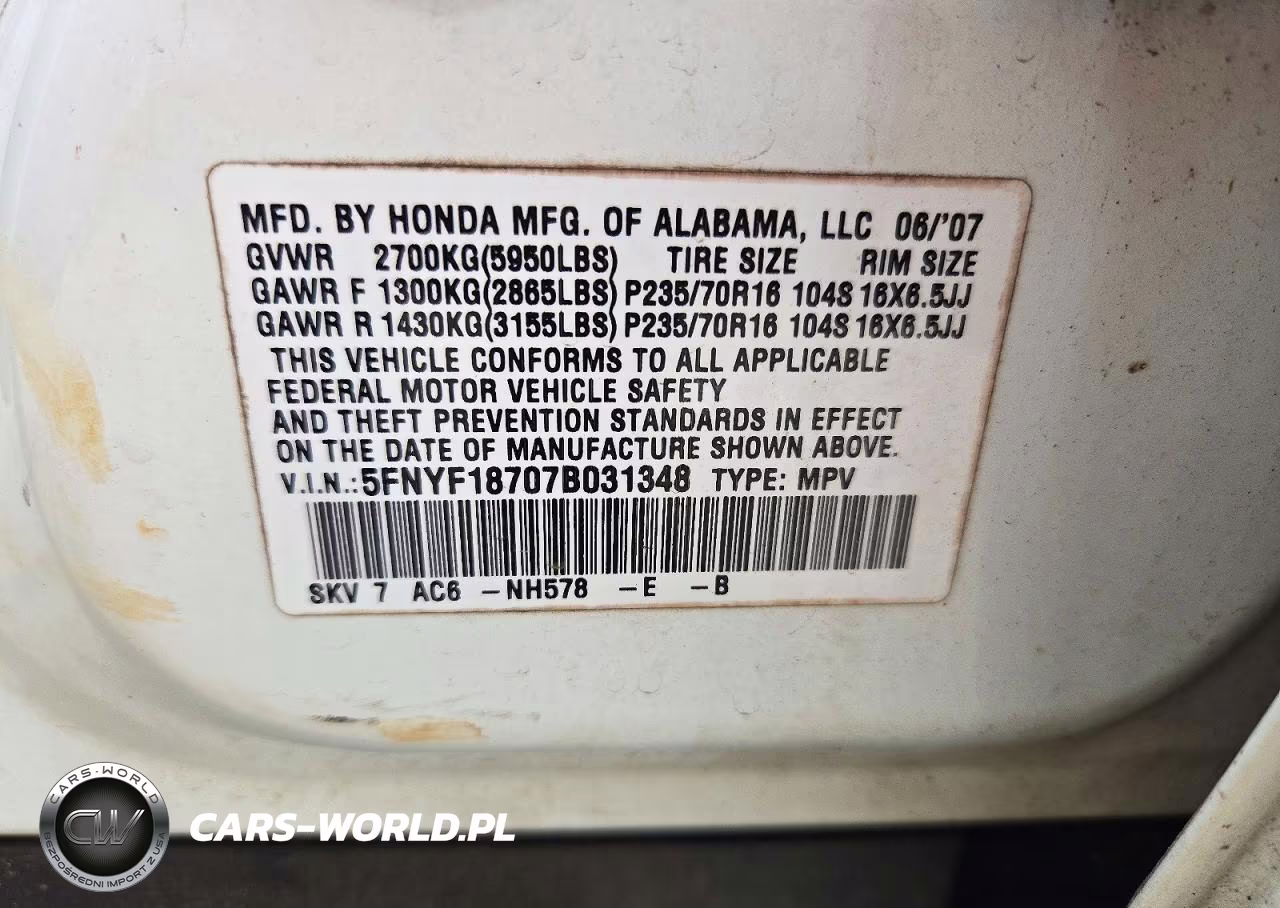 2007 Honda Pilot Exl VIN:5FNYF18707B031348 - 13