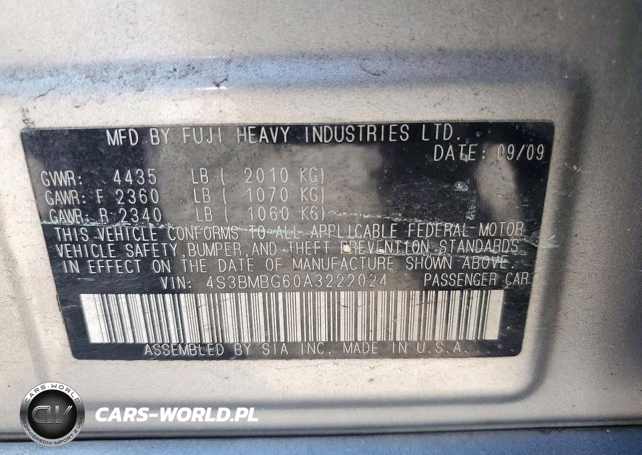 2010 Subaru Legacy 2.5I Premium VIN:4S3BMBG60A3222024 - 12