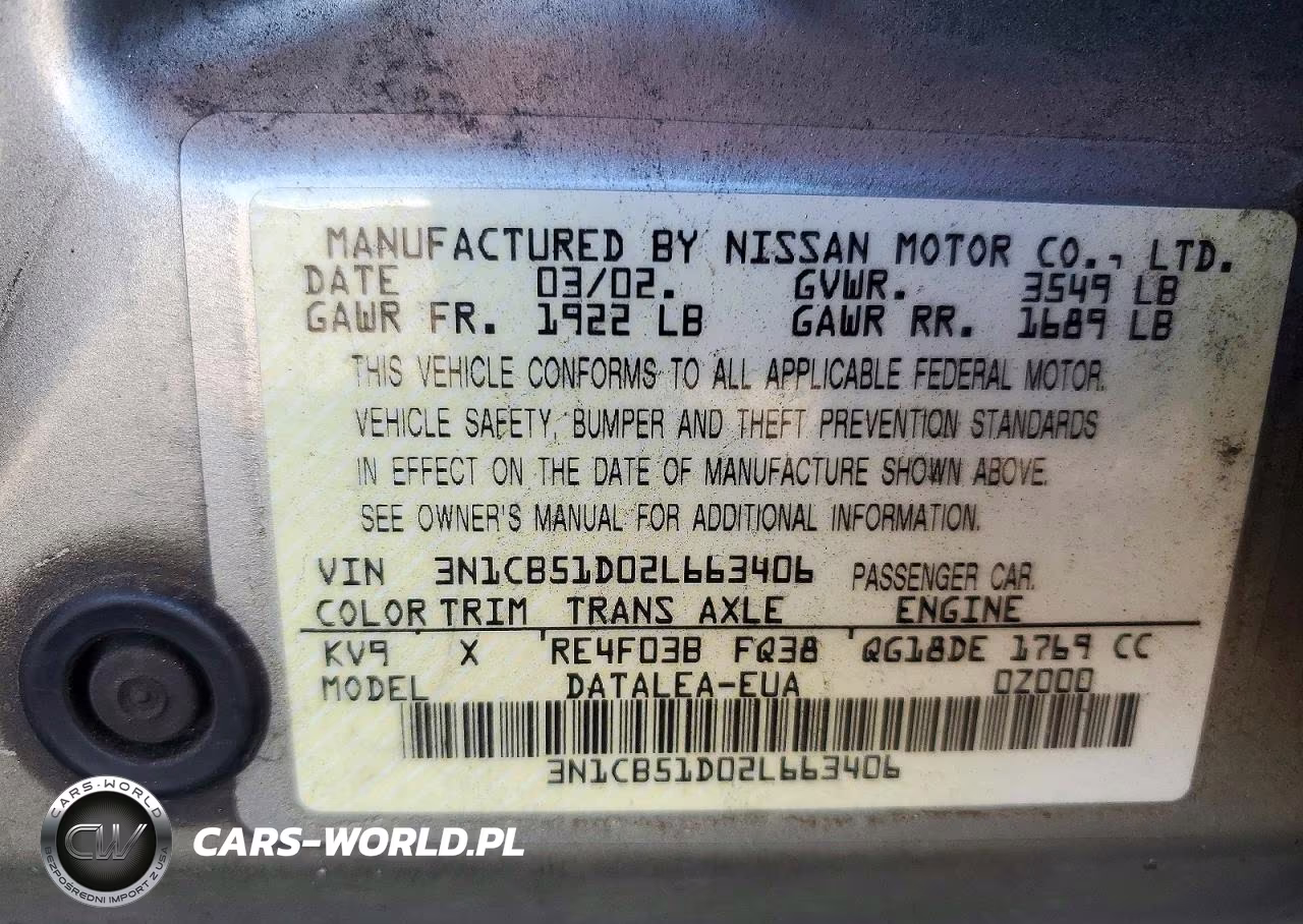 2002 Nissan Sentra Xe VIN:3N1CB51D02L663406 - 13