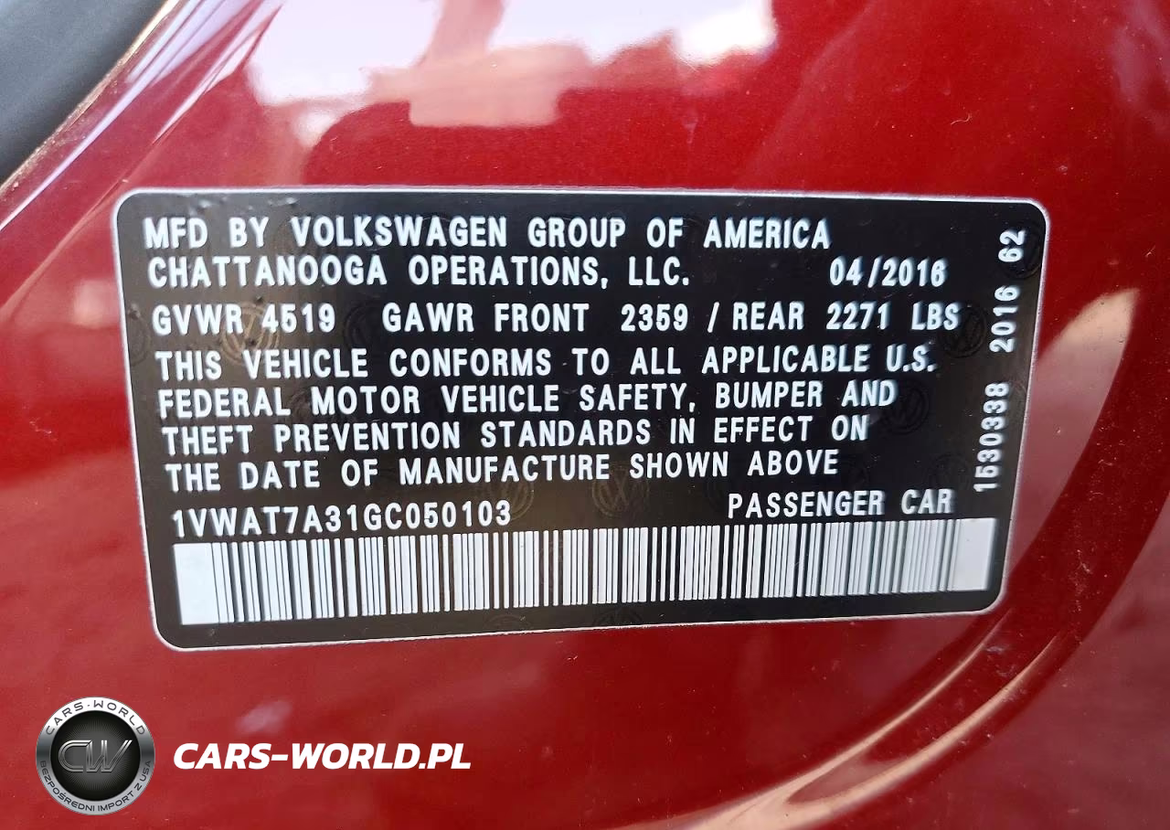 2016 Volkswagen Passat S VIN:1VWAT7A31GC050103 - 12