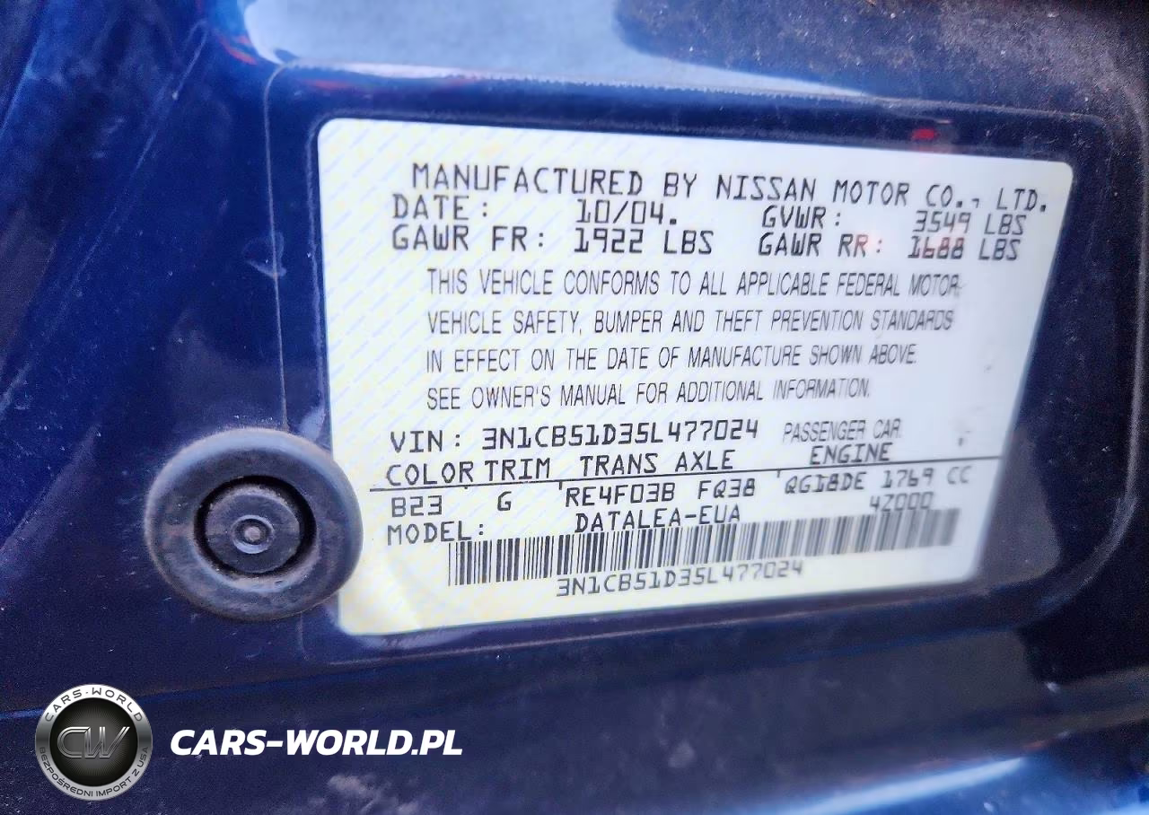 2005 Nissan Sentra 1.8 VIN:3N1CB51D35L477024 - 12