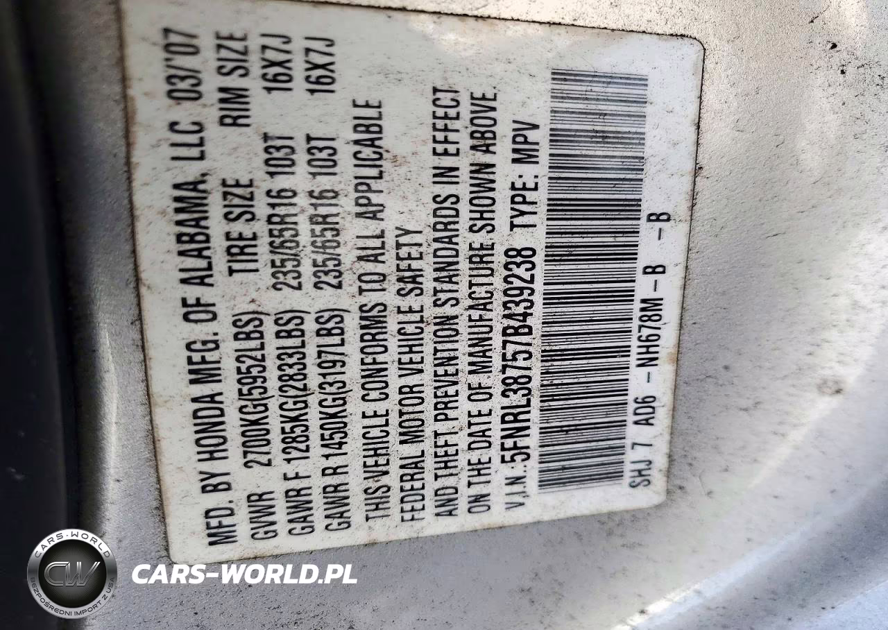 2007 Honda Odyssey Exl VIN:5FNRL38757B439238 - 13