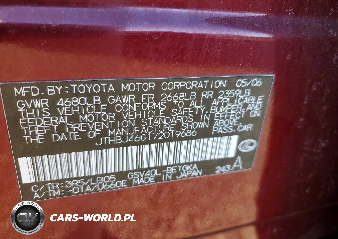 2007 Lexus Es 350 VIN:JTHBJ46G172019686 - 13