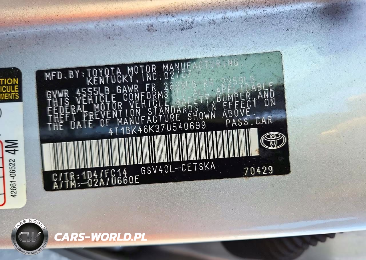 2007 Toyota Camry Se V6 VIN:4T1BK46K37U540699 - 12