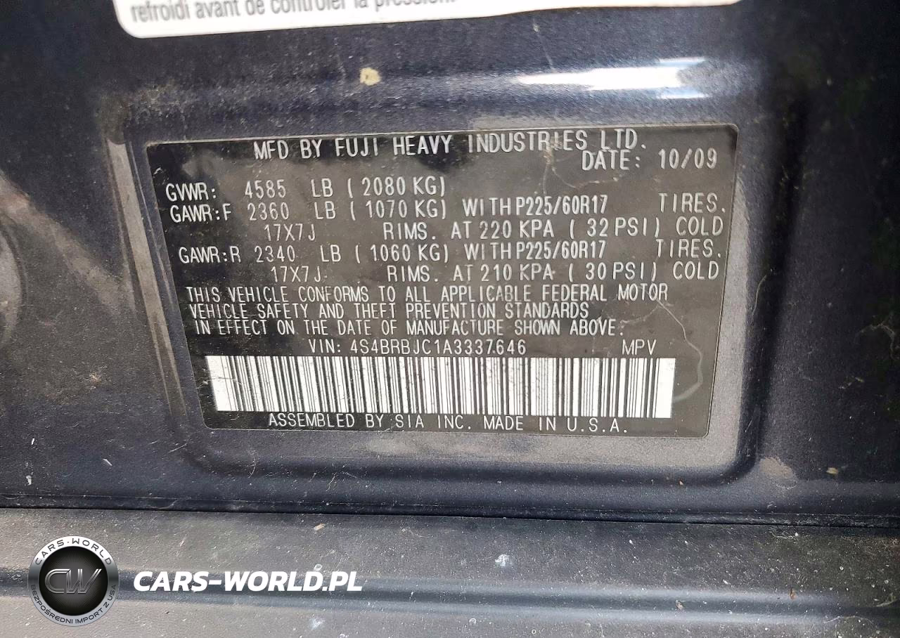 2010 Subaru Outback 2.5I Limited VIN:4S4BRBJC1A3337646 - 12