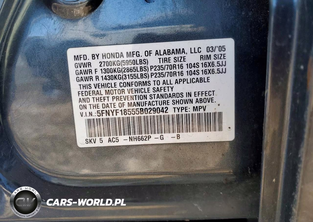 2005 Honda Pilot Exl VIN:5FNYF18555B029042 - 14