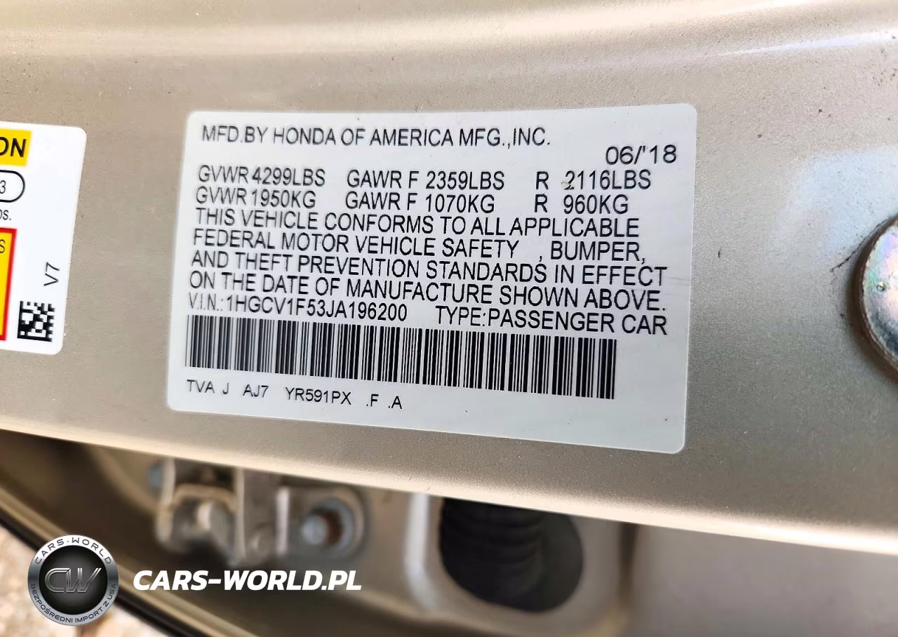2018 Honda Accord Exl VIN:1HGCV1F53JA196200 - 12