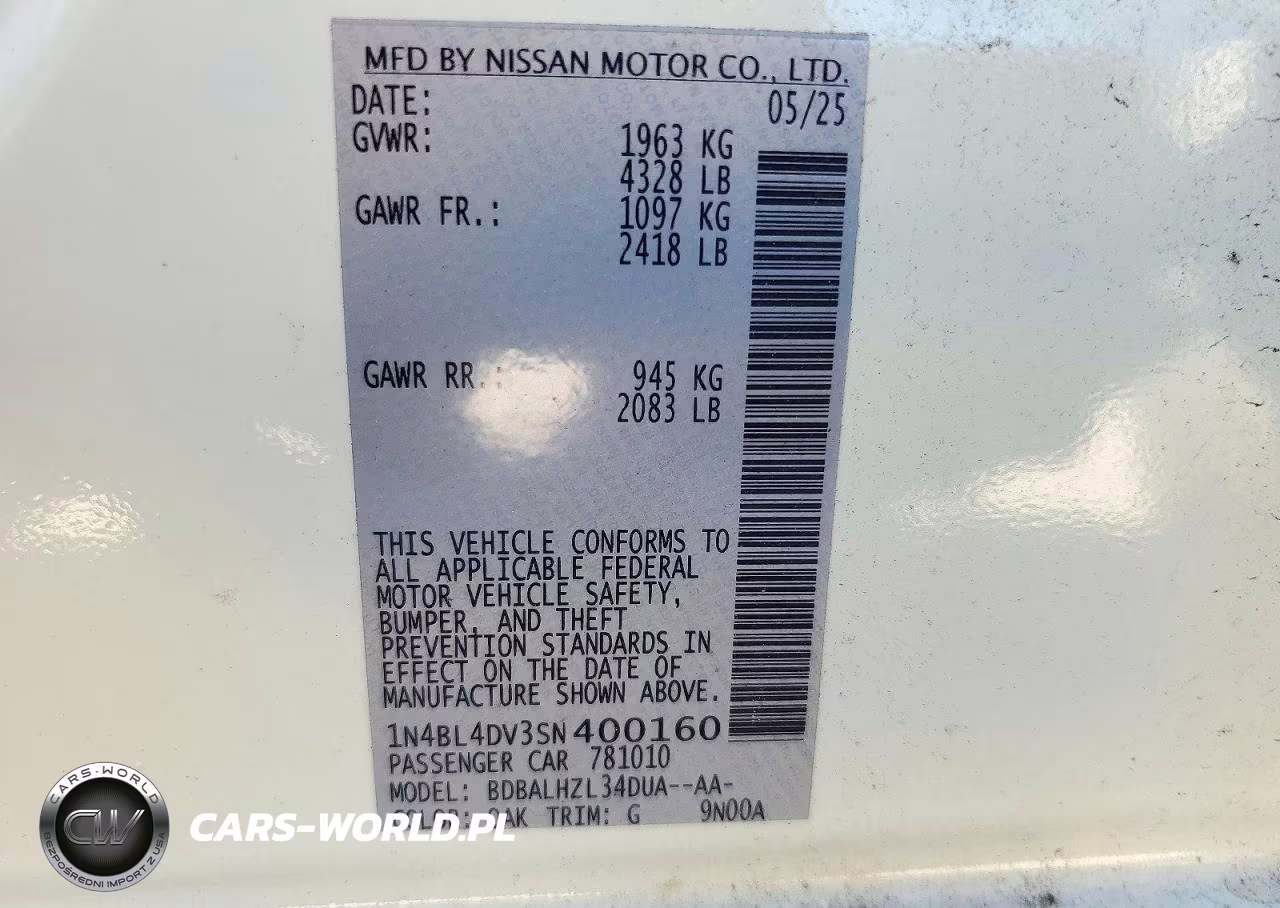 2025 Nissan Altima Sv VIN:1N4BL4DV3SN400160 - 12