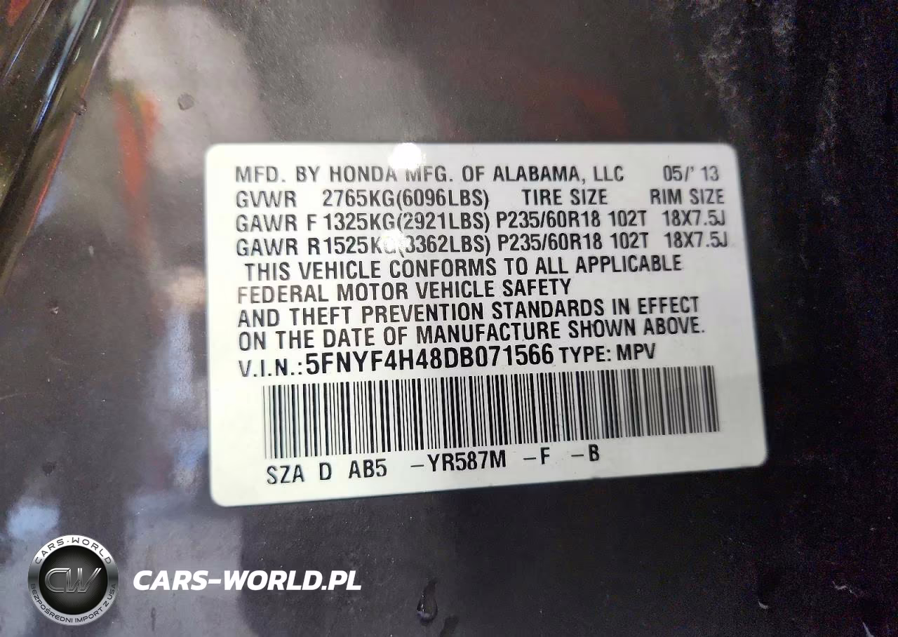2013 Honda Pilot Ex VIN:5FNYF4H48DB071566 - 13