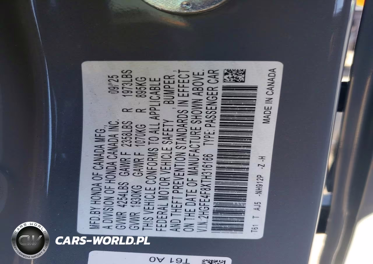 2026 Honda Civic Sport VIN:2HGFE4F8XTH316166 - 12